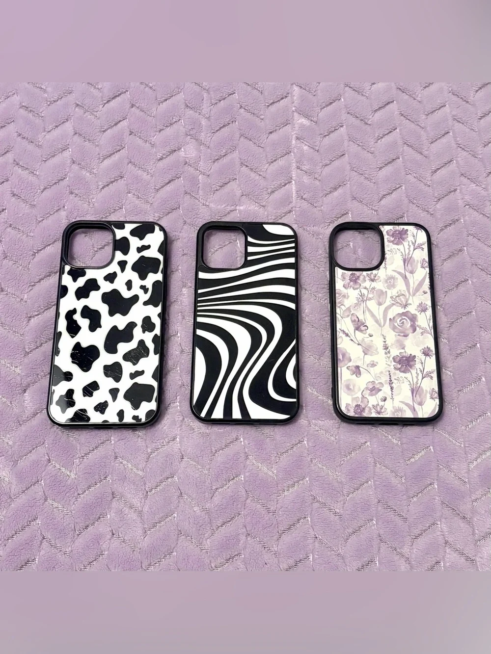 Set of 3 Stylish Black, White & Purple Pattern iPhone 14 Cases